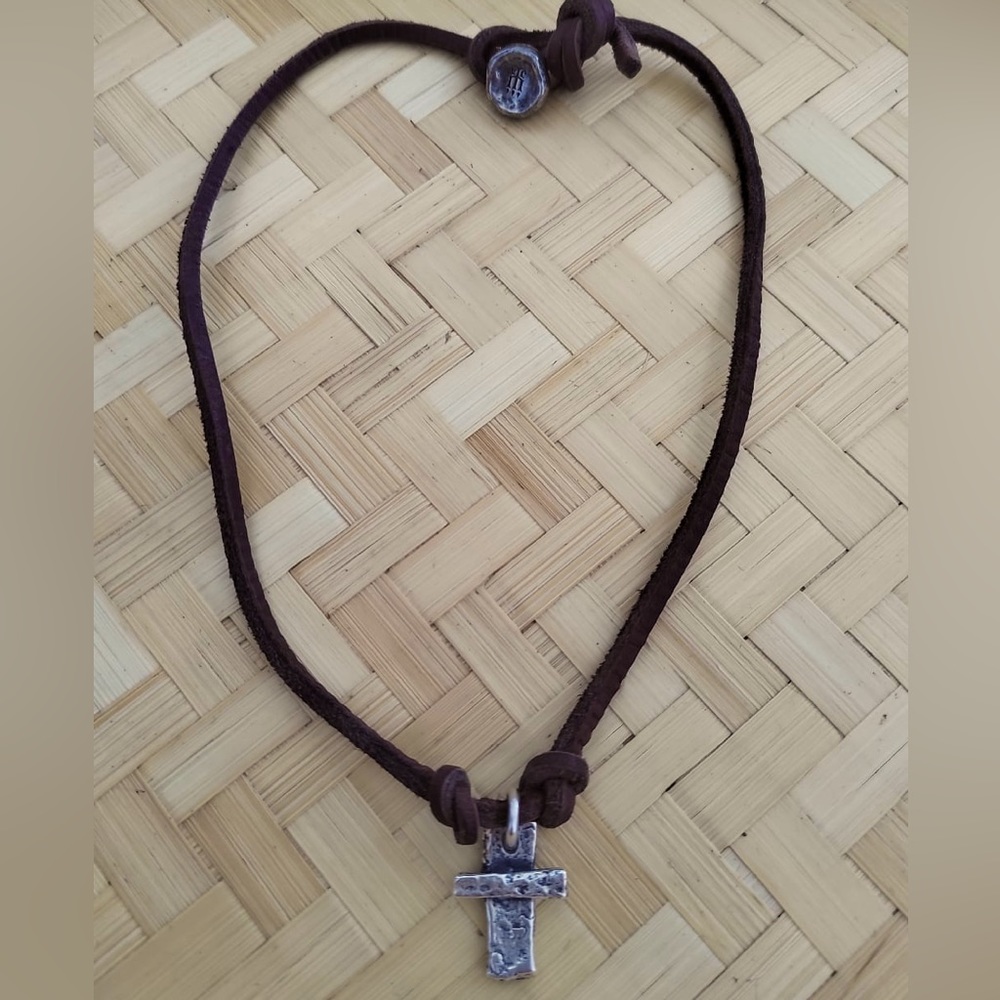 James Avery Sterling Silver 925 Brown Leather Cross Pendant Necklace, Vintage.